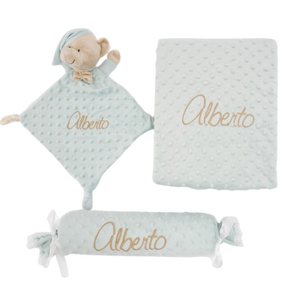 Manta de topos personalizada + dou dou + cojín caramelo