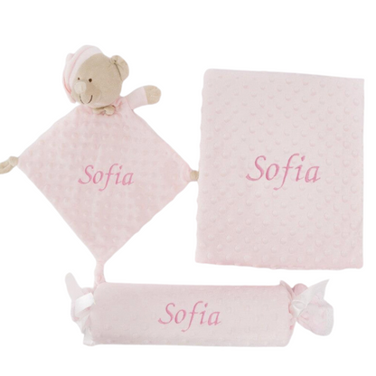 Manta de topos personalizada + dou dou + cojín caramelo