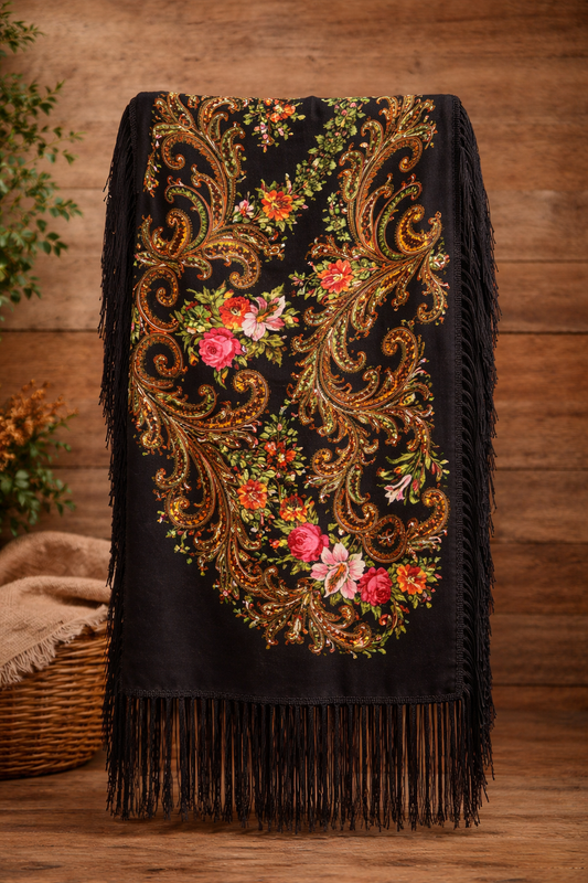 Pañuelo estampado con flecos