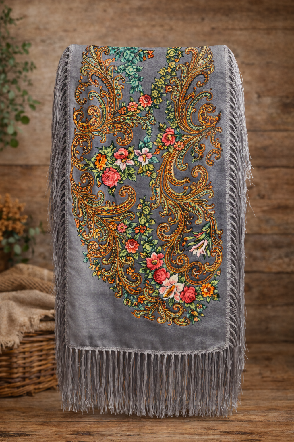 Pañuelo estampado con flecos