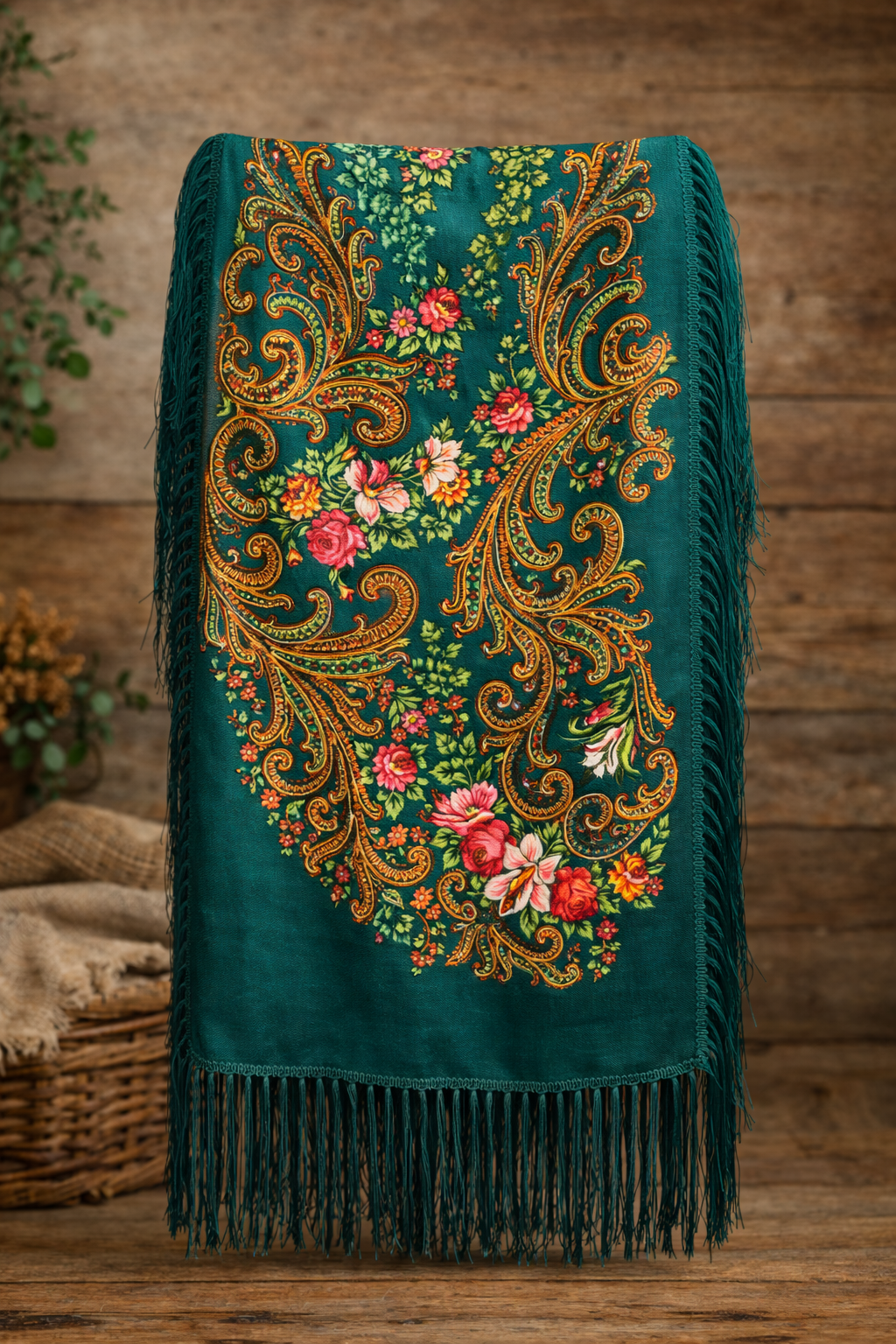 Pañuelo estampado con flecos