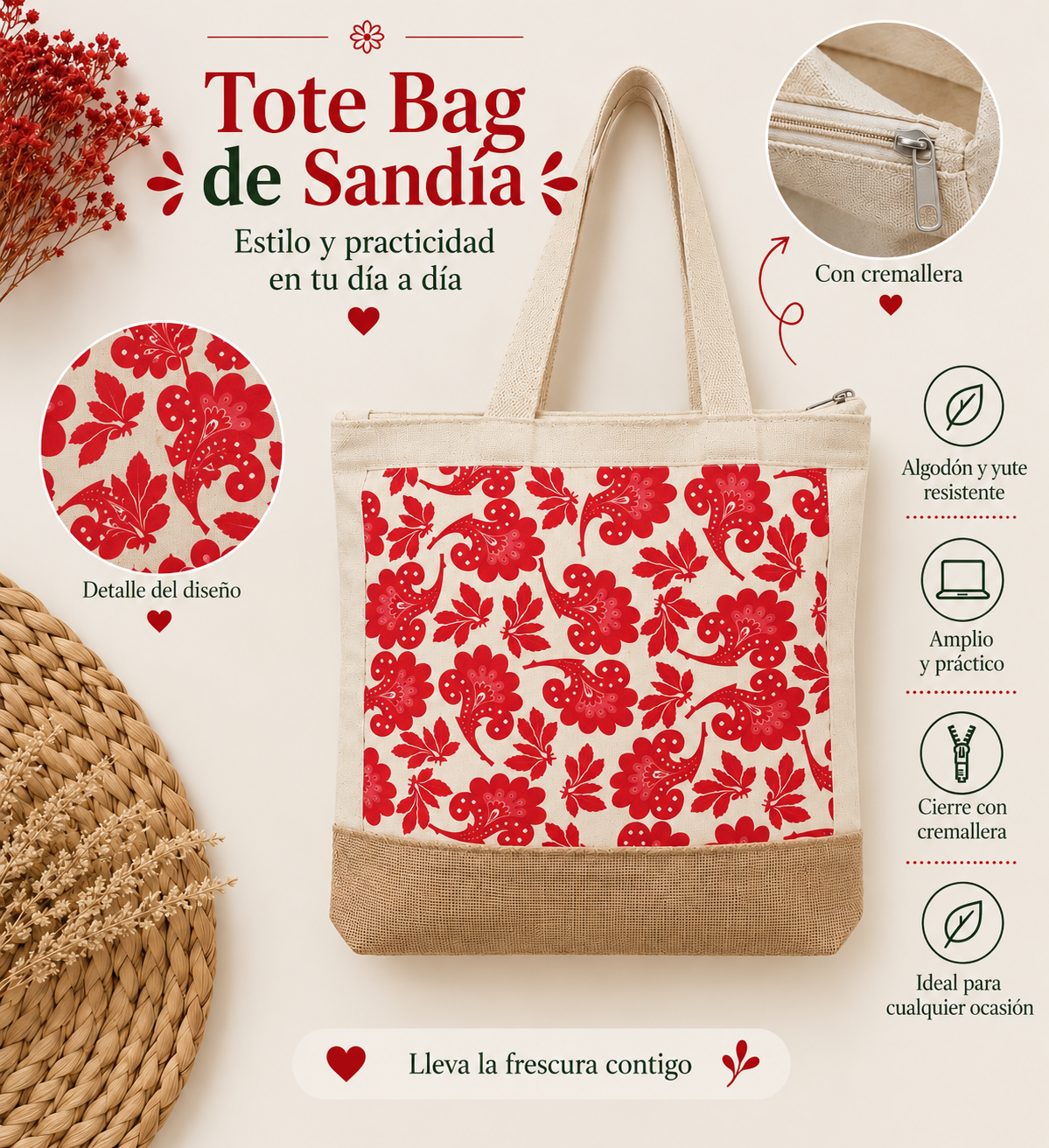 Totebag Cien Sandía con cremallera de Velahila